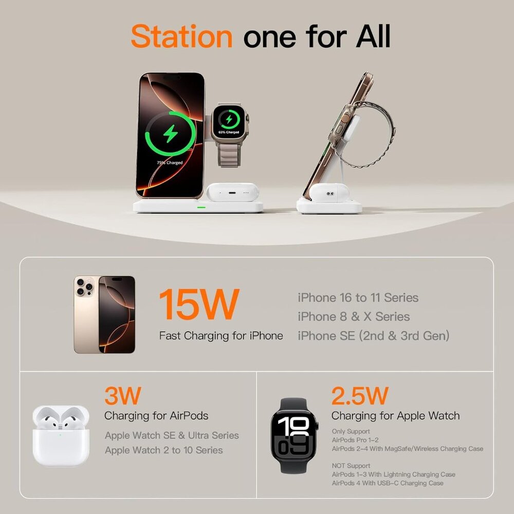 2025 3 in 1 Wireless Charger for iPhone 16 15 14 13 12 11 XR 8, Apple Charging - Picture 9 of 9